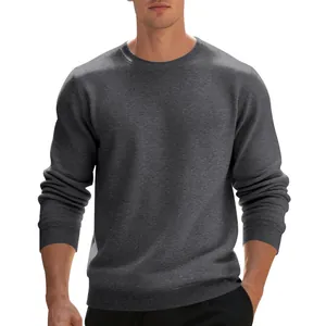 Detail view of men's dark grey heavyweight fleece crewneck sweatshirt with classic fit.