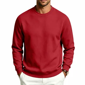 Detailed view of men's heavy red crewneck sweatshirt showing fleece texture and loose fit