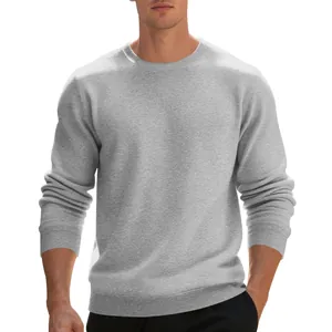 Close-up detail of a premium grey heavyweight fleece crewneck sweatshirt for men
