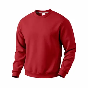 Classic men's red crewneck sweatshirt featuring ribbed cuffs and a hem detail.