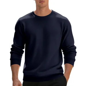 Detail view of a men's heavy fleece crewneck sweatshirt in navy blue with ribbed cuffs