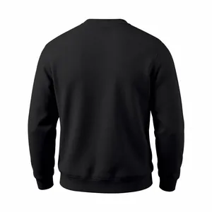 Rear view of a plain black crewneck sweatshirt showing fabric texture and ribbing