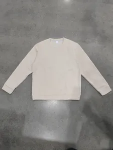 Detailed front view of a men's heavy fleece crewneck sweatshirt in beige, relaxed fit.
