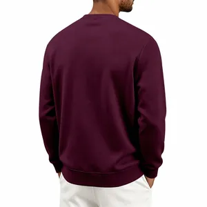 Back view of a men's heavy fleece burgundy crewneck sweatshirt in a loose fit.