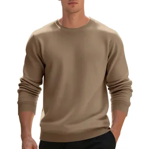 Detail view of a men's classic heavyweight fleece crewneck sweatshirt in khaki color