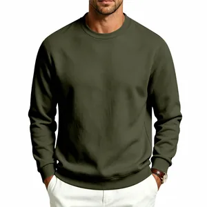 Front view of an army green heavyweight crewneck sweatshirt for men in a relaxed fit
