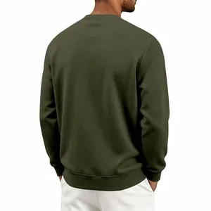 Back view of heavyweight olive green men's crewneck fleece sweatshirt in solid color
