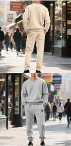 Men's heavy fleece-lined casual sweatshirt and sweatpants set in beige and grey