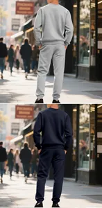 Back view of men's heavyweight fleece sweatshirt and sweatpants set in grey and navy blue