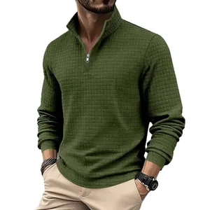 Felpa uomo casual verde oliva con mezza zip, trama a nido d'ape e collo alto alla coreana