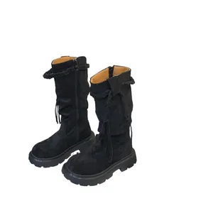 Retro black suede high-top boots for girls with braided fringe and side zipper
