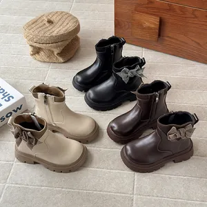 Stylish girls' houndstooth bow Martens boots in French minimalist style for winter