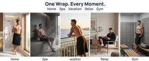 Men's black wearable bath towel wrap with pocket shown in home, spa, and gym scenarios.