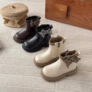 French style girl's winter leather boots with houndstooth bows in multiple colors
