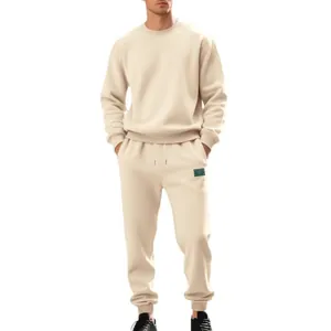 Heavyweight men's loose warm fleece sweatshirt and joggers set in classic beige cream