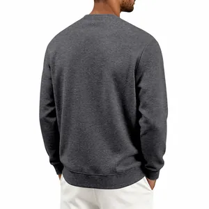 Back view of heavyweight dark grey crew neck sweatshirt for men on white background.