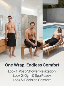 Men's black wearable bath towel wrap with pocket for shower, gym, and poolside use