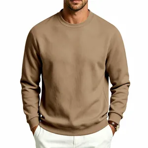 Close-up of a men's heavy khaki fleece crewneck sweatshirt for a casual commute look