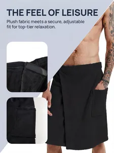 Close-up of plush fabric and adjustable velcro closure on men's black wrap towel