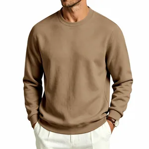 Detailed close-up of a classic khaki heavy fleece-lined crewneck sweatshirt for men