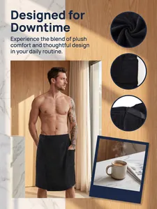 Men's plush wearable bath towel with pocket and adjustable fastener for comfort.