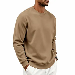Premium men's heavyweight fleece-lined sweatshirt in khaki, solid crewneck loose fit.