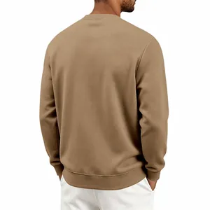 Back view of a men's heavy solid brown crewneck sweatshirt with a relaxed fit