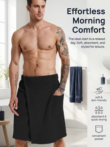 Professional shot of men's black wearable bath towel with functional side pocket.