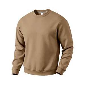 Detail view of khaki heavyweight fleece crewneck sweatshirt for men in solid color