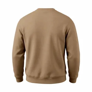 Back view of a heavy khaki fleece sweatshirt for men featuring a relaxed fit and crew neck