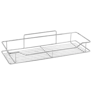 Detail view of a stainless steel rectangular wall-mounted storage rack for home organization.