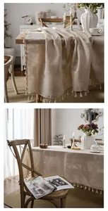Detailed view of the premium cotton linen tablecloth featuring elegant tassel edges