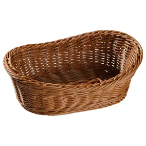 Brown imitation rattan woven basket for fruits and snacks storage on white background
