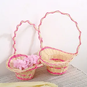 Handwoven natural rattan flower basket set with pink trim for home decoration