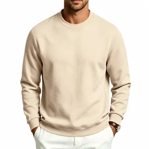 Front view detail of a classic men's beige heavyweight fleece crewneck sweatshirt