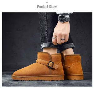 Detailed side view of brown suede leather snow boots with stylish buckle strap