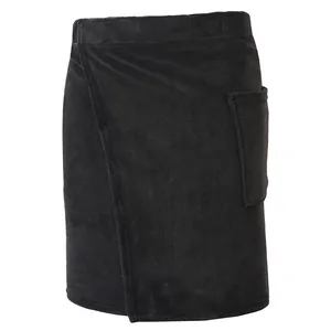 Men's wearable bath towel wrap in solid black with a practical side storage pocket