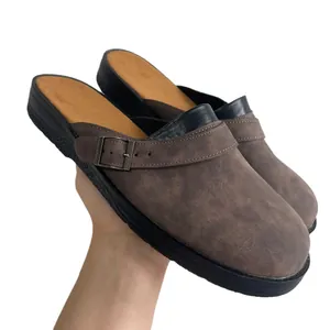 Men's casual brown square toe clogs featuring buckle strap and comfortable thick black sole