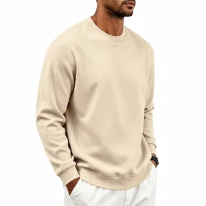 Close-up of a men's heavy fleece beige sweatshirt showing the crewneck and fabric detail.