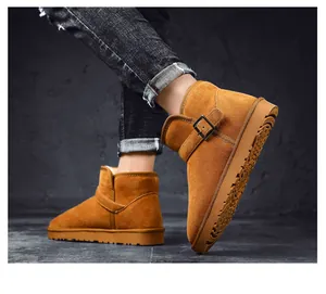 Stylish tan suede snow boots with buckle strap shown on-feet for winter warmth