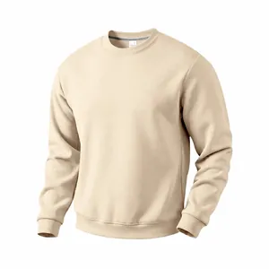 Detail of heavy beige fleece-lined sweatshirt with ribbed crewneck and cuffs