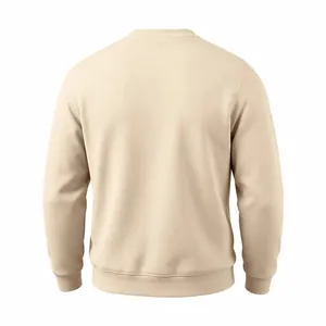 Rear view of a plain light beige men's loose crew neck heavy fleece sweatshirt for winter