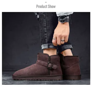 Close-up of premium dark brown suede ankle snow boots featuring a stylish buckle strap