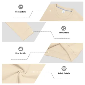 Details of neckline, cuffs, and hem on a classic beige crewneck sweatshirt