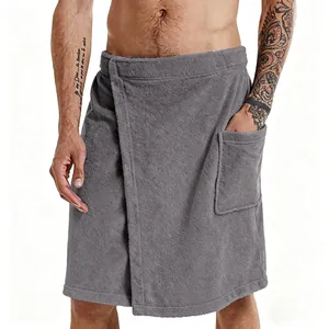 Detail of men's grey wearable bath towel robe showing side pocket and soft terry texture.