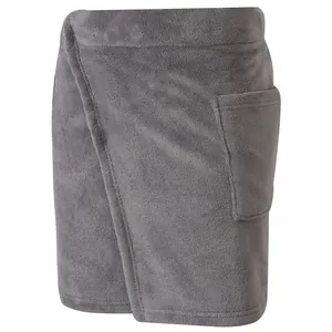 Detail view of a men's plush grey wearable bath towel featuring a functional side pocket