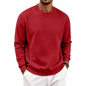 Classic red heavyweight fleece crewneck sweatshirt for men, loose fit casual style for autumn