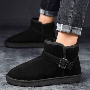 Men's black suede snow boots with buckle strap and warm faux fur lining