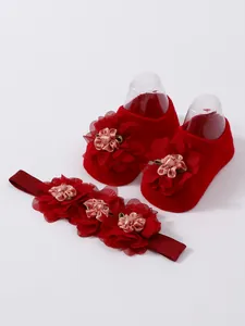 Conjunto de calcetines y diadema rojos para bebé con flores de tul de varias capas