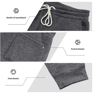 Details van de fleece herenbroek: tailleband, zak en geribbelde enkelmanchetten.